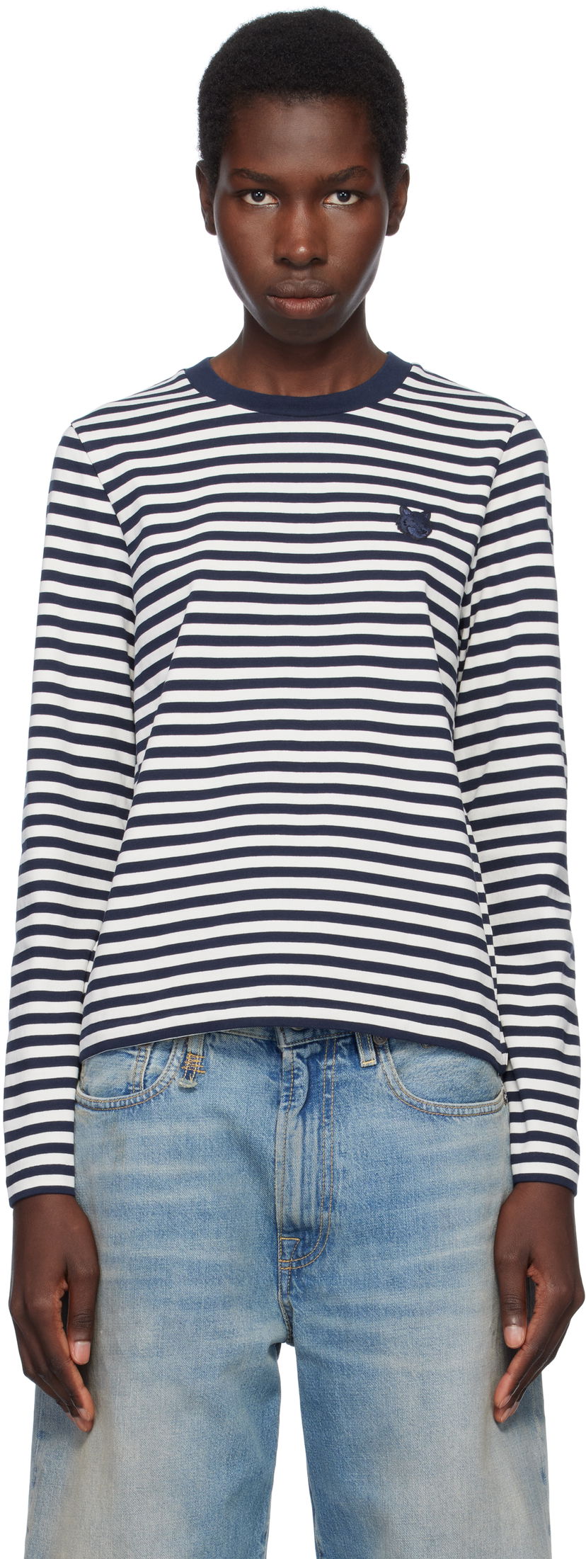 Футболка MAISON KITSUNÉ Maison Kitsuné Fox Head Patch Striped T-Shirt темно-синій | OW00111KA0026