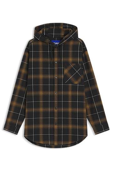 Сорочка BOSS Oversized-Fit Hooded Checked Overshirt Коричневий | 50545262