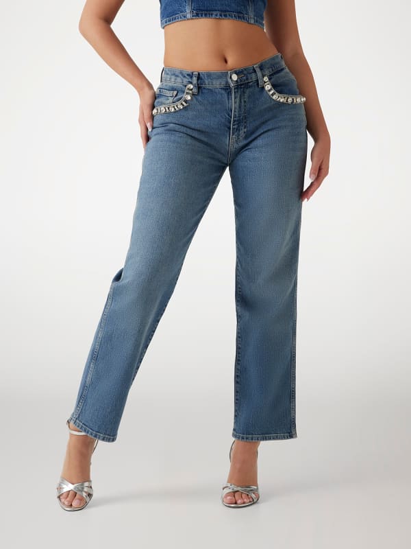 Джинси GUESS Straight Denim Pant With Rhinestone Detail Синій | W5RA1ND5ACC