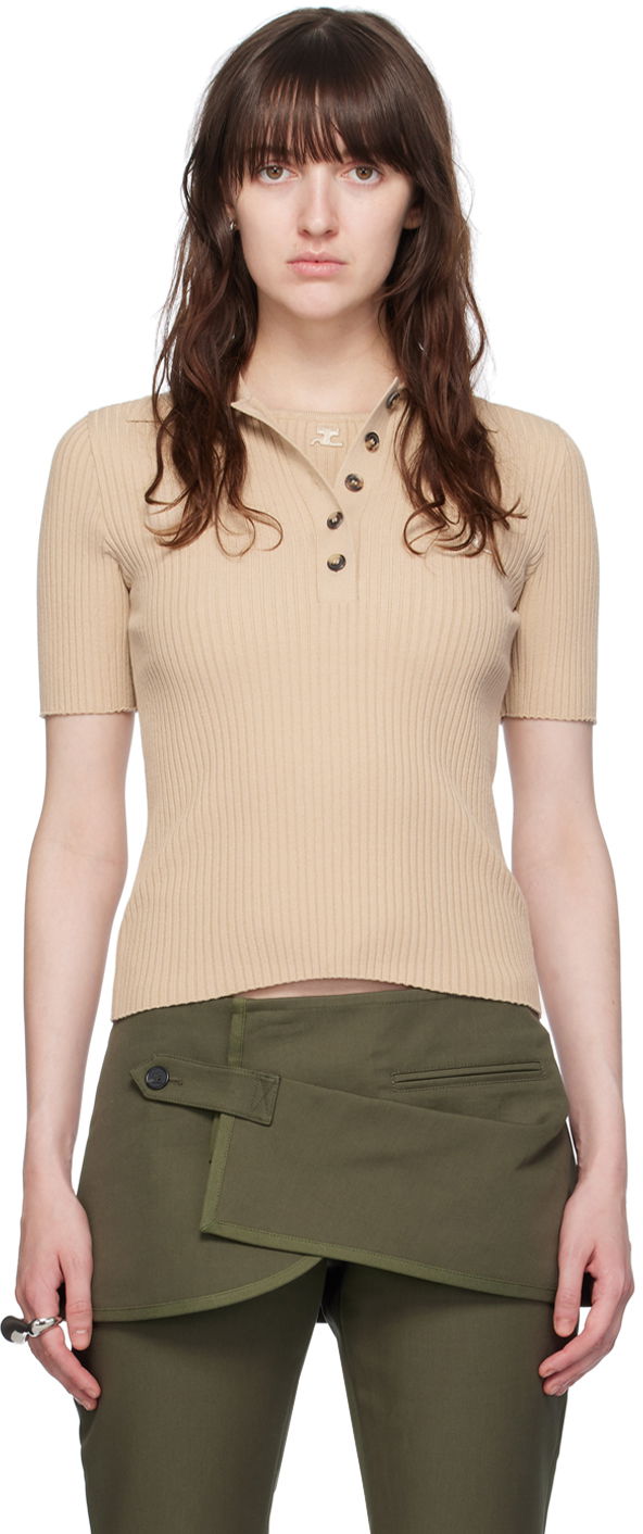 Сорочка поло Courrèges Courrèges Ribbed Knit Polo Shirt бежевий | VESMPO029FI0001