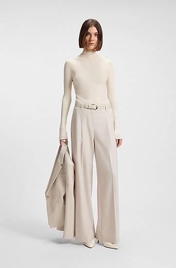 Cветр BOSS Mock-neck sweater in merino wool with mixed ribbing бежевий | 50549166, 1