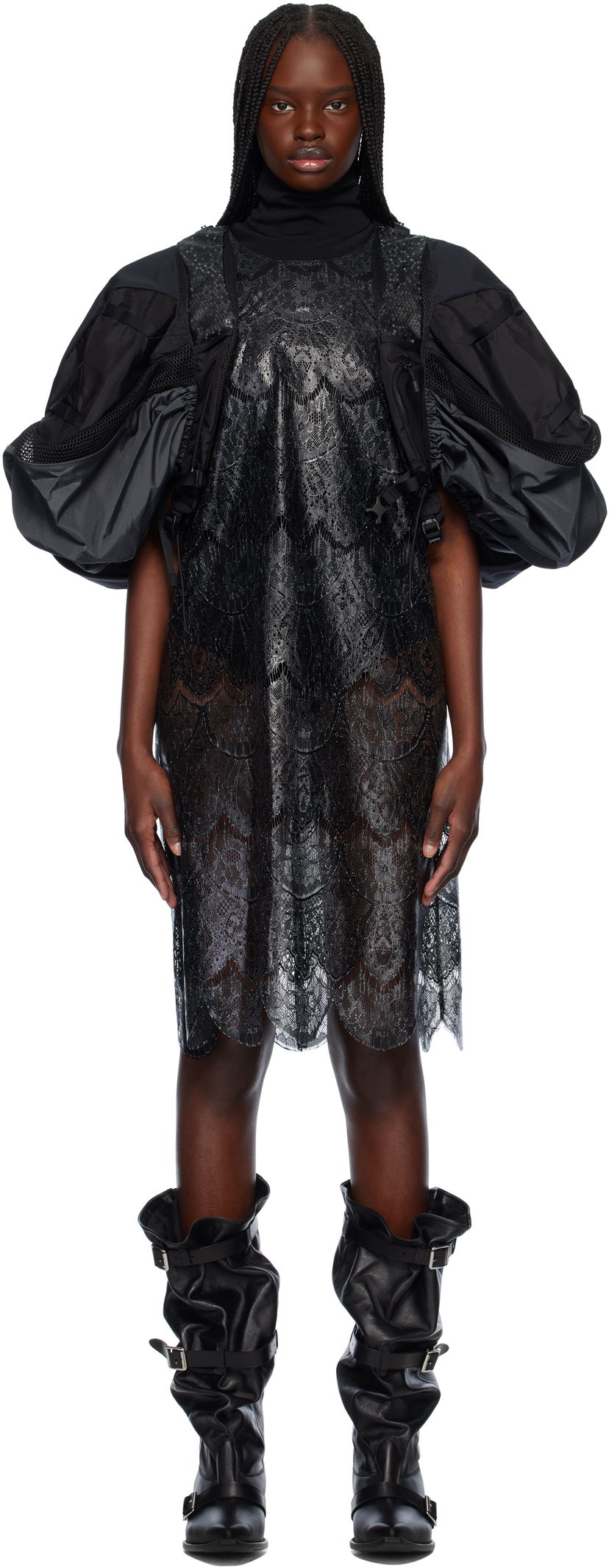 плаття Junya Watanabe Junya Watanabe Scalloped Lace & Nylon Ripstop Midi Dress чорний | JO-O023-051-1