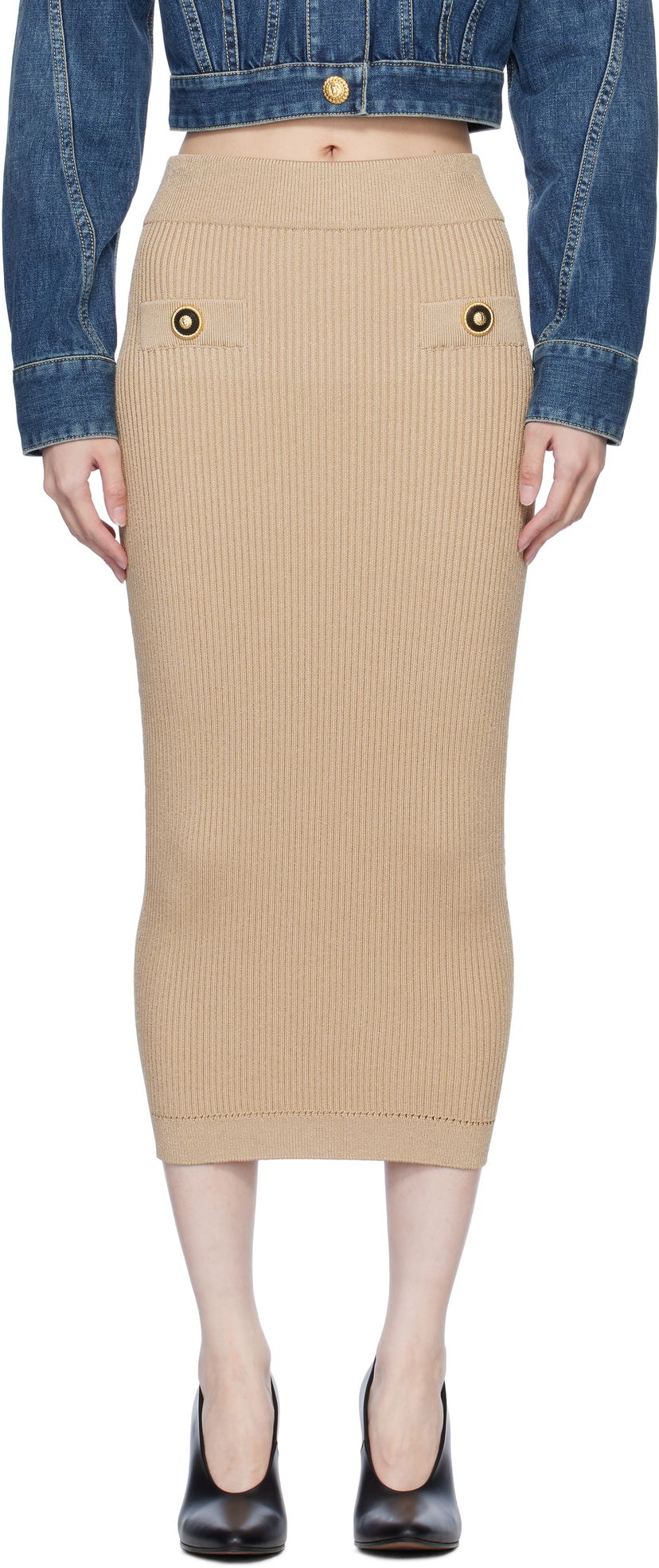 Спідниця Balmain Ribbed Knit Midi Skirt бежевий | EF1LD022KI10