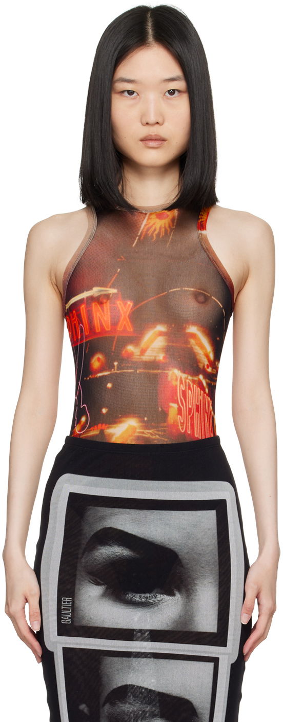 Боді Jean Paul Gaultier Jean Paul Gaultier 'The Pigalle' Printed Mesh Bodysuit Коричневий | 24/30-F-BD044-T552-00301550