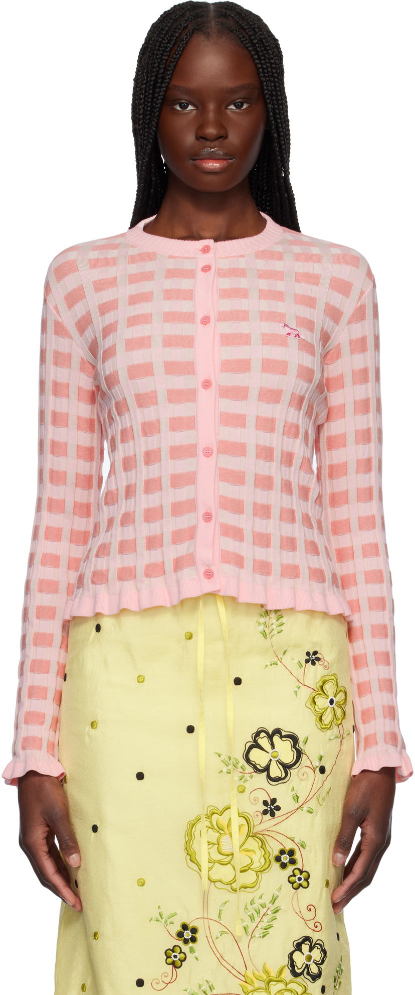 Cветр MAISON KITSUNÉ Maison Kitsuné Checked Ribbed Knit Cardigan Рожевий | OW00503KT1120