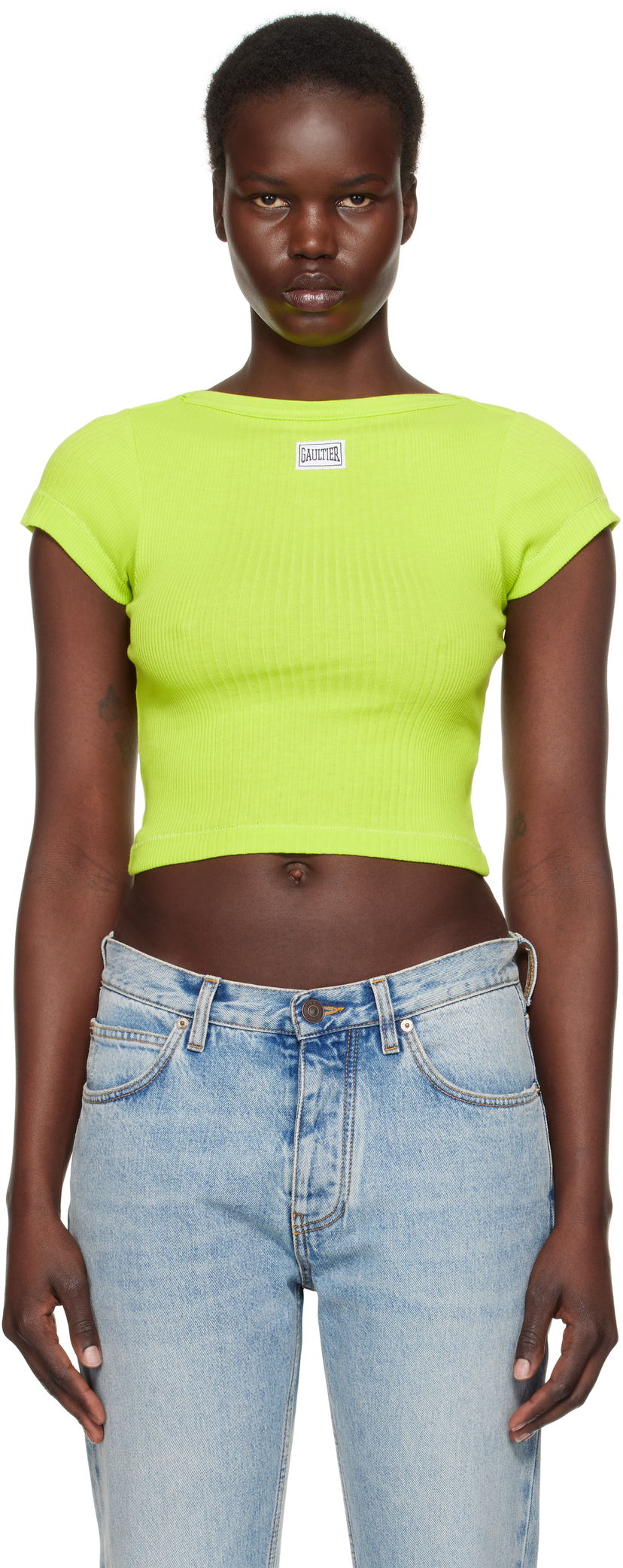 Кроп-топи Jean Paul Gaultier Jean Paul Gaultier 'The Patch' Cropped Ribbed T-Shirt Зелений | 25/33-F-TS105P-J054-44
