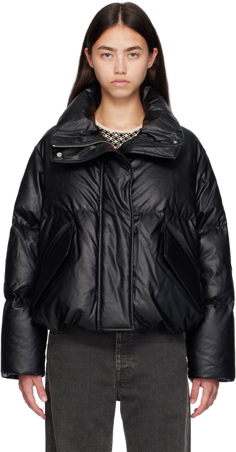 Пуховик Maison Margiela MM6 Maison Margiela Faux-Leather Zip Down Jacket чорний | S52AM0338 S53057