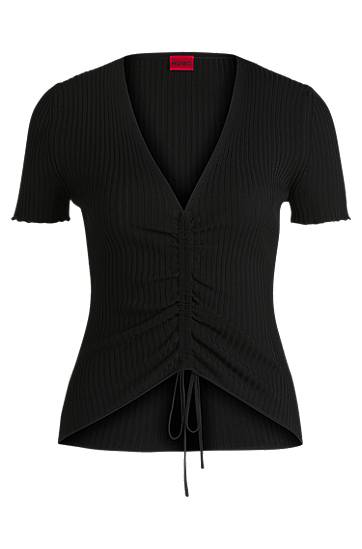 Cветр BOSS Ribbed Knit V-Neck Top with Gathered Front чорний | 50538231