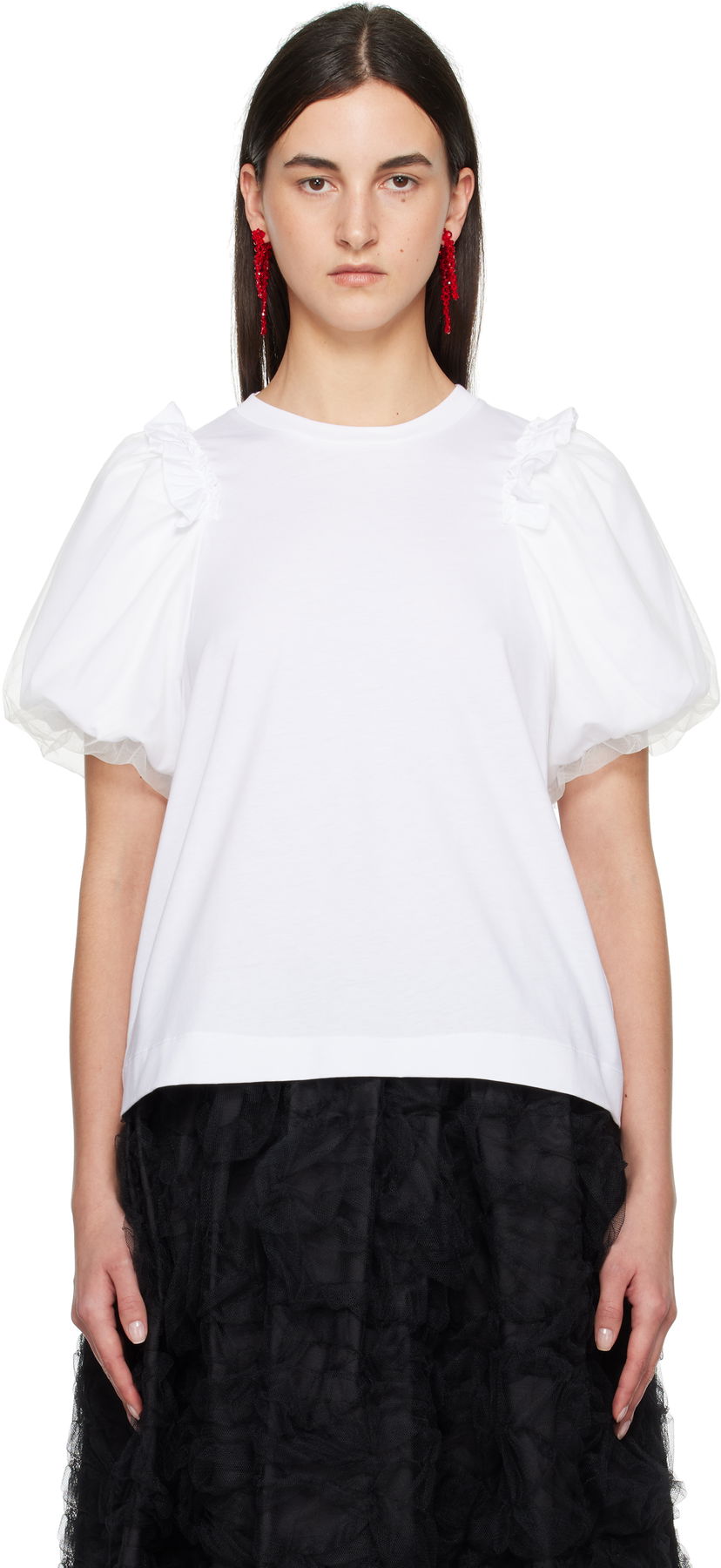 Футболка Simone Rocha Simone Rocha Tulle Overlay Puff Sleeve T-Shirt білий | 5179 0553