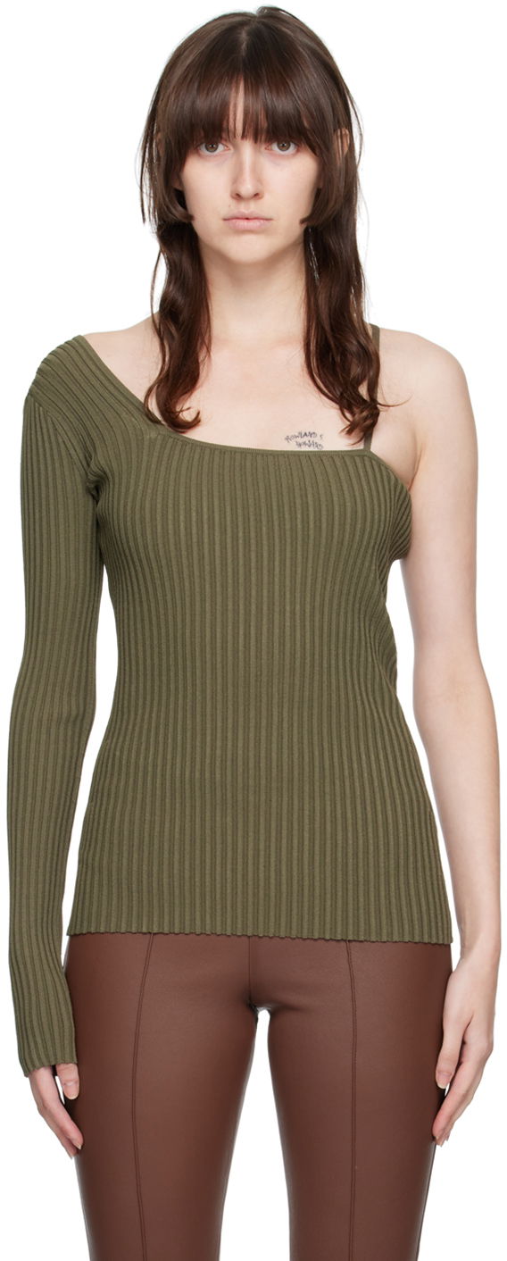 Футболка Helmut Lang One Shoulder Ribbed Long Sleeve Top Зелений | M06HW704