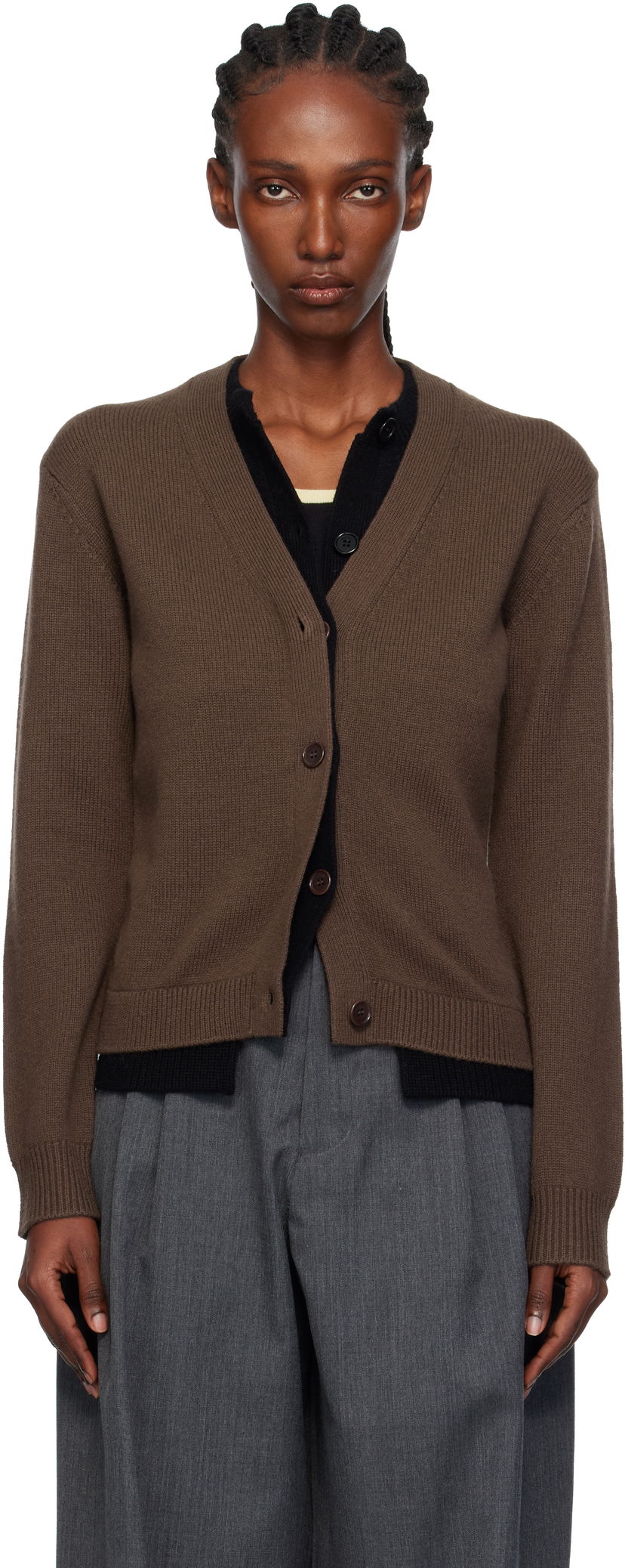 Cветр JW Anderson Contrast Layered V-Neck Ribbed Cardigan Коричневий | KW1494-YN0423