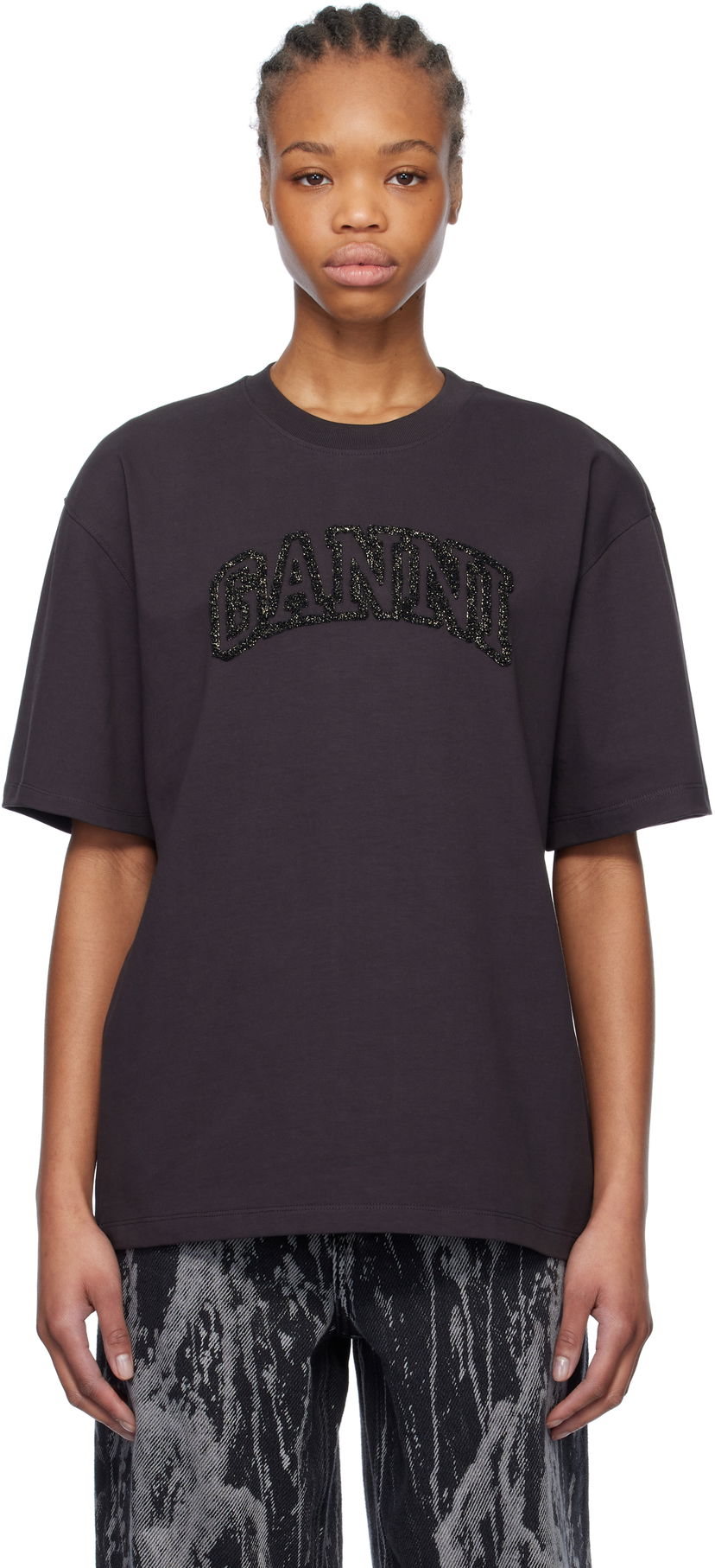 Футболка GANNI GANNI Heavy Cotton Drop Shoulder T-Shirt with Embroidered Logo Коричневий | T4095