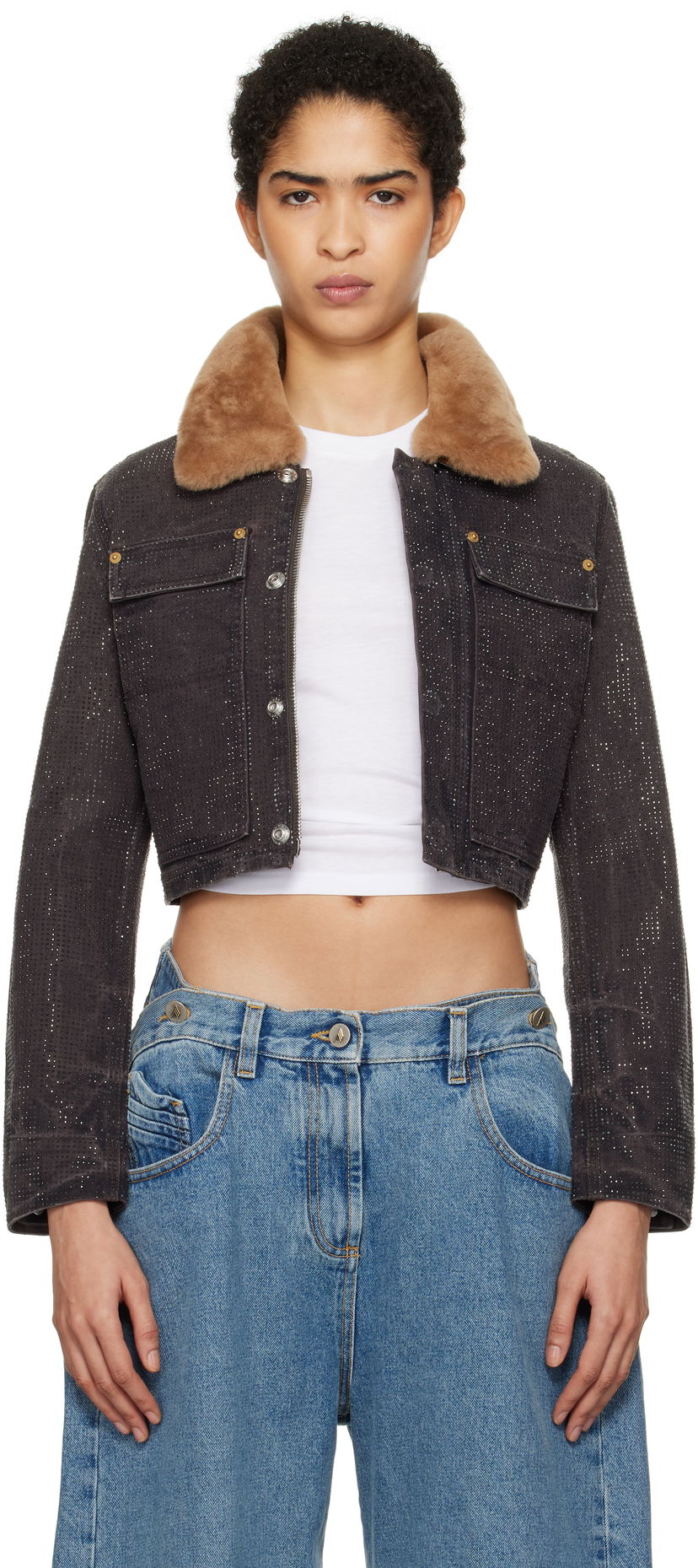 Куртка Alexander Wang Alexander Wang Workwear Cropped Denim Jacket with Shearling Collar Коричневий | 1WC4242501