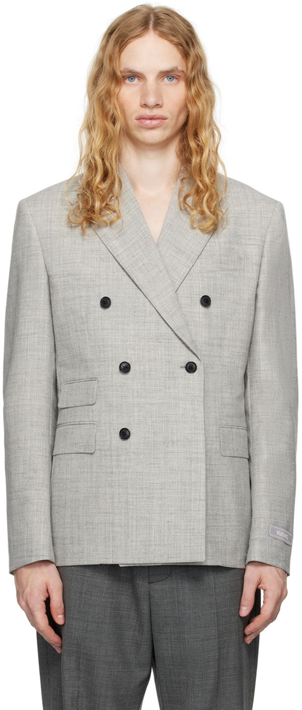 Пальто Versace Wool-Blend Double-Breasted Blazer Сірий | 1016604_1A11264