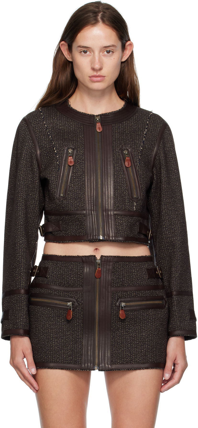 Куртка R13 R13 Stitch Detail Cropped Crewneck Jacket Коричневий | R13WR449-R567A