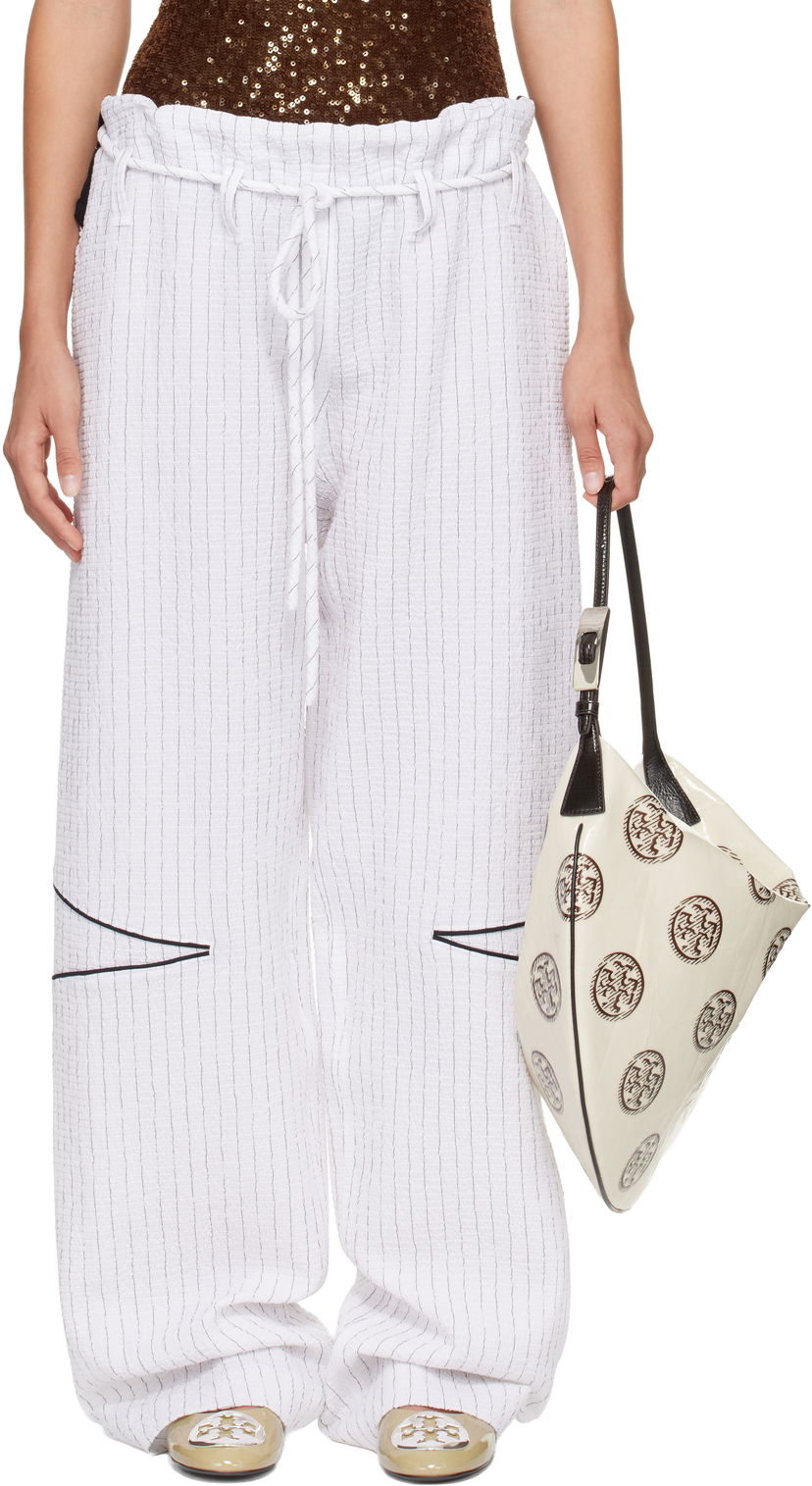 Штани Tory Burch SSENSE Exclusive Pinstripe Crinkled Cotton Drawstring Baggy Trousers білий | 175600-008