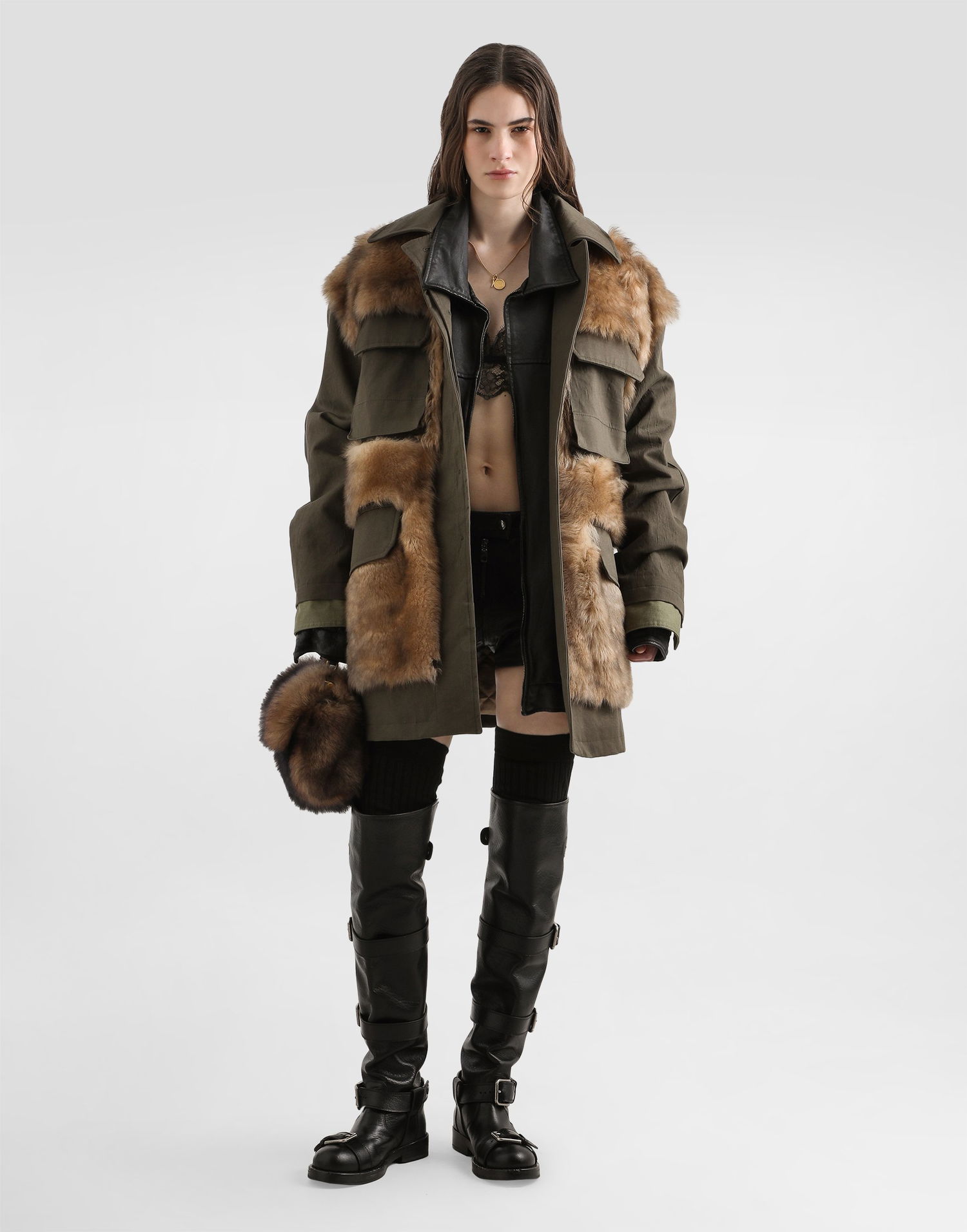 Куртка Dolce & Gabbana Dolce & Gabbana Women's Fur and Gabardine Long Jacket Зелений | F9T60ZHUMV1V0688, 1