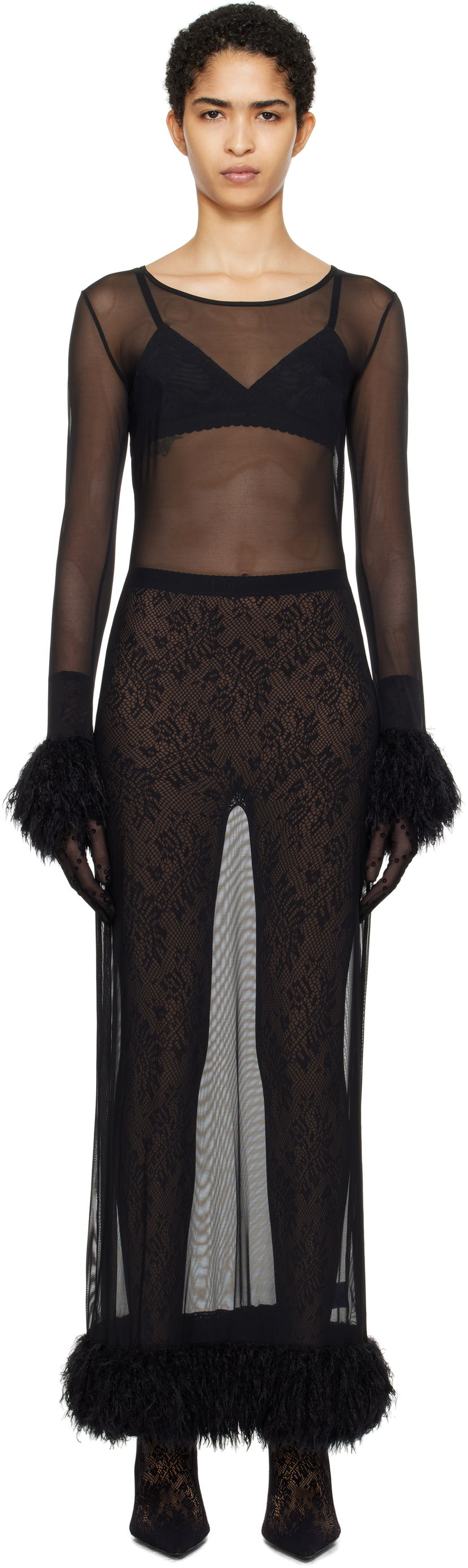 плаття Marine Serre Feather Trim Mesh Maxi Dress чорний | WDR276A