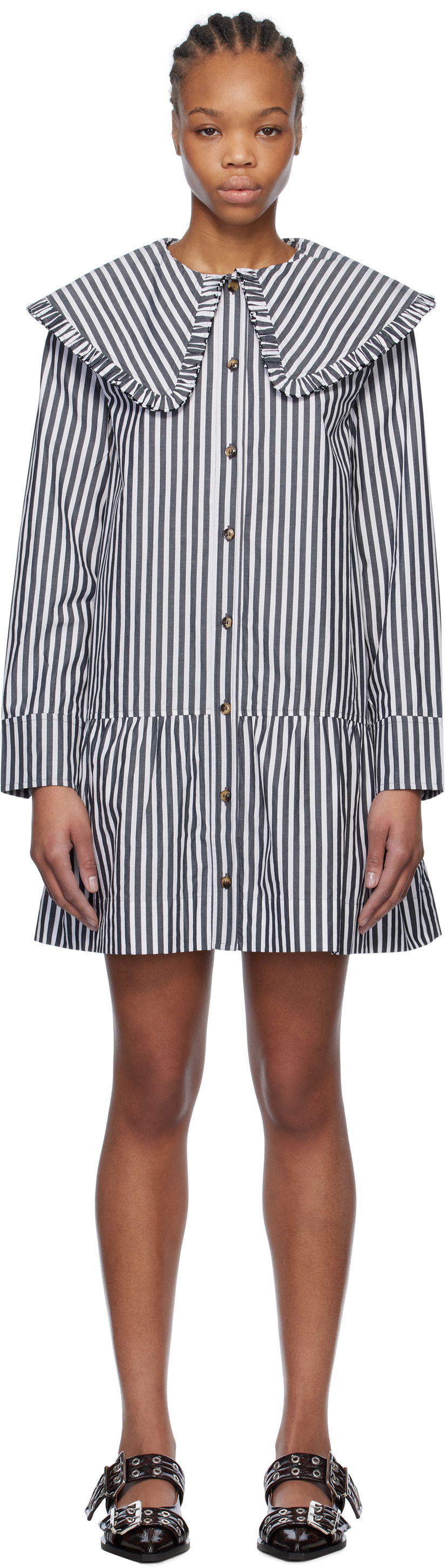 плаття GANNI Ganni Striped Ruffle Collar Minidress Різнокольоровий | W0098