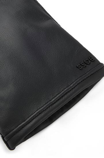 Рукавички BOSS Grained-leather gloves with wool lining and touchscreen compatibility чорний | 50526680, 1