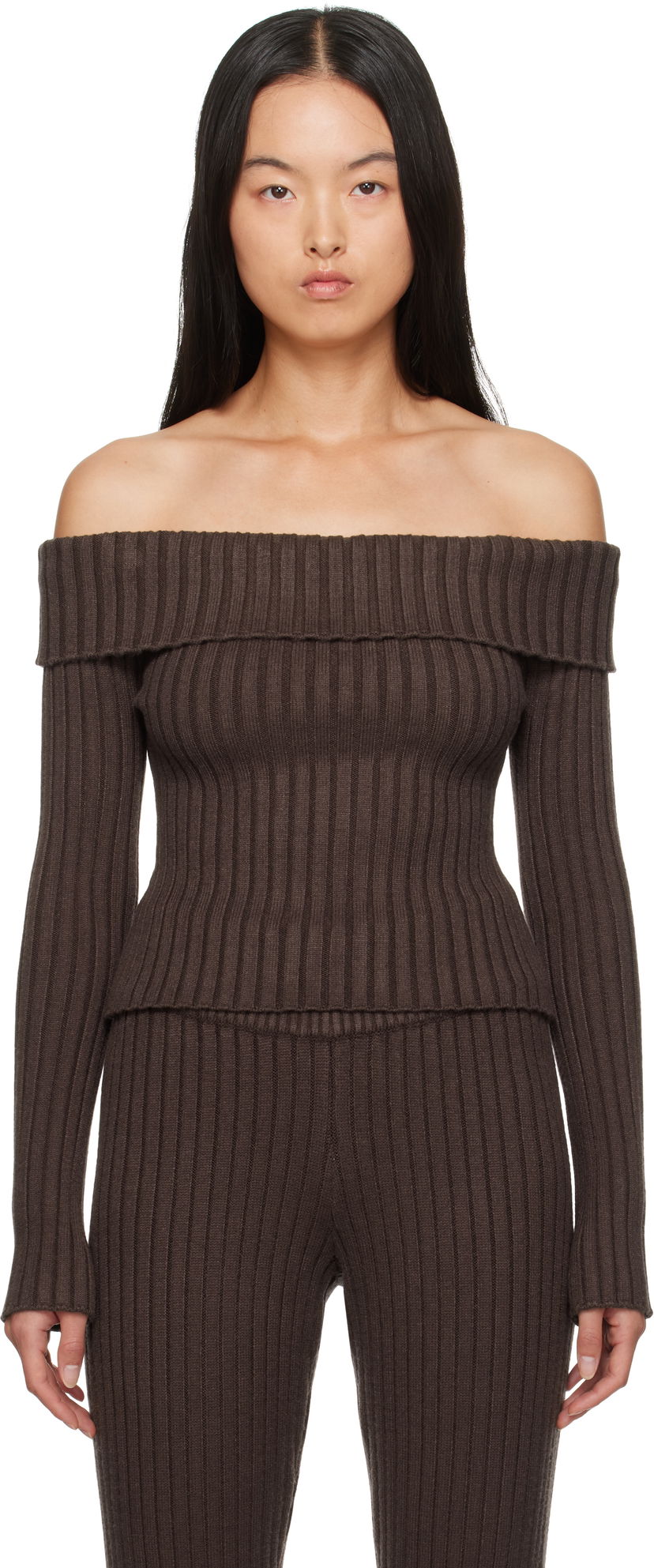 Cветр GUIZIO Guizio Thalia Off Shoulder Ribbed Knit Sweater Коричневий | F24108S045