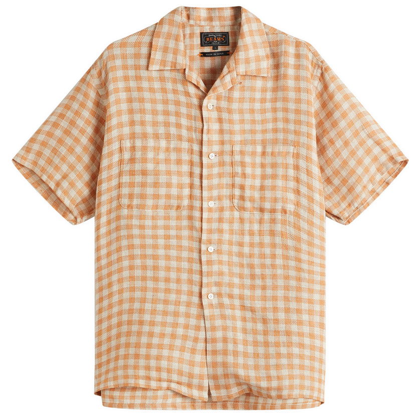 Сорочка BEAMS Beams Plus Open Collar Panama Plaid Linen Shirt, Size Large Помаранчевий | 3801-0179-139-45