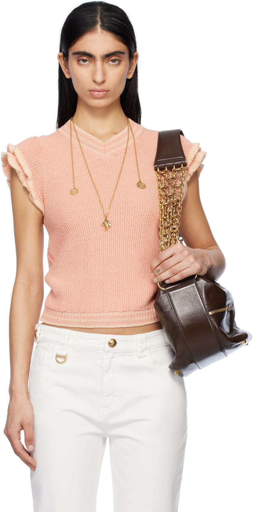 Cветр CHLOÉ Chloé Knit Ruffle-Sleeve Sweater Рожевий | CH25SMP03630