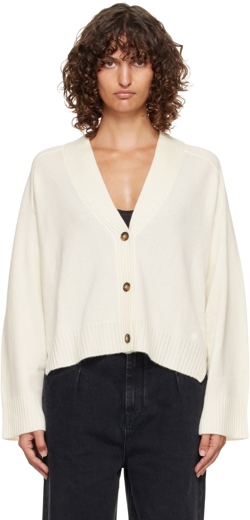 Cветр Loulou de Saison Loulou de Saison Kaia Ribbed Neckline Cardigan білий | KAIA LDS