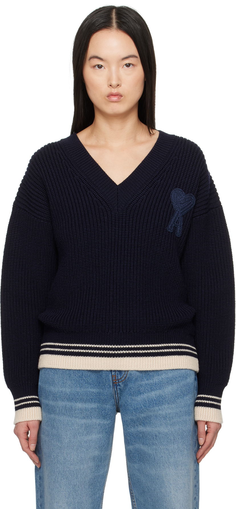 Cветр AMI AMI Paris Wool Ribbed V-Neck Sweater темно-синій | UKS268.KN0068