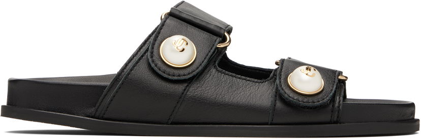 Кросівки та взуття Jimmy Choo Fayence Pearl-Embellished Leather Flat Sandals чорний | FAYENCE SANDAL