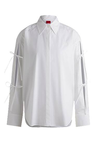 Сорочка BOSS Oversized Cotton Blouse with Sleeve Bows білий | 50538440