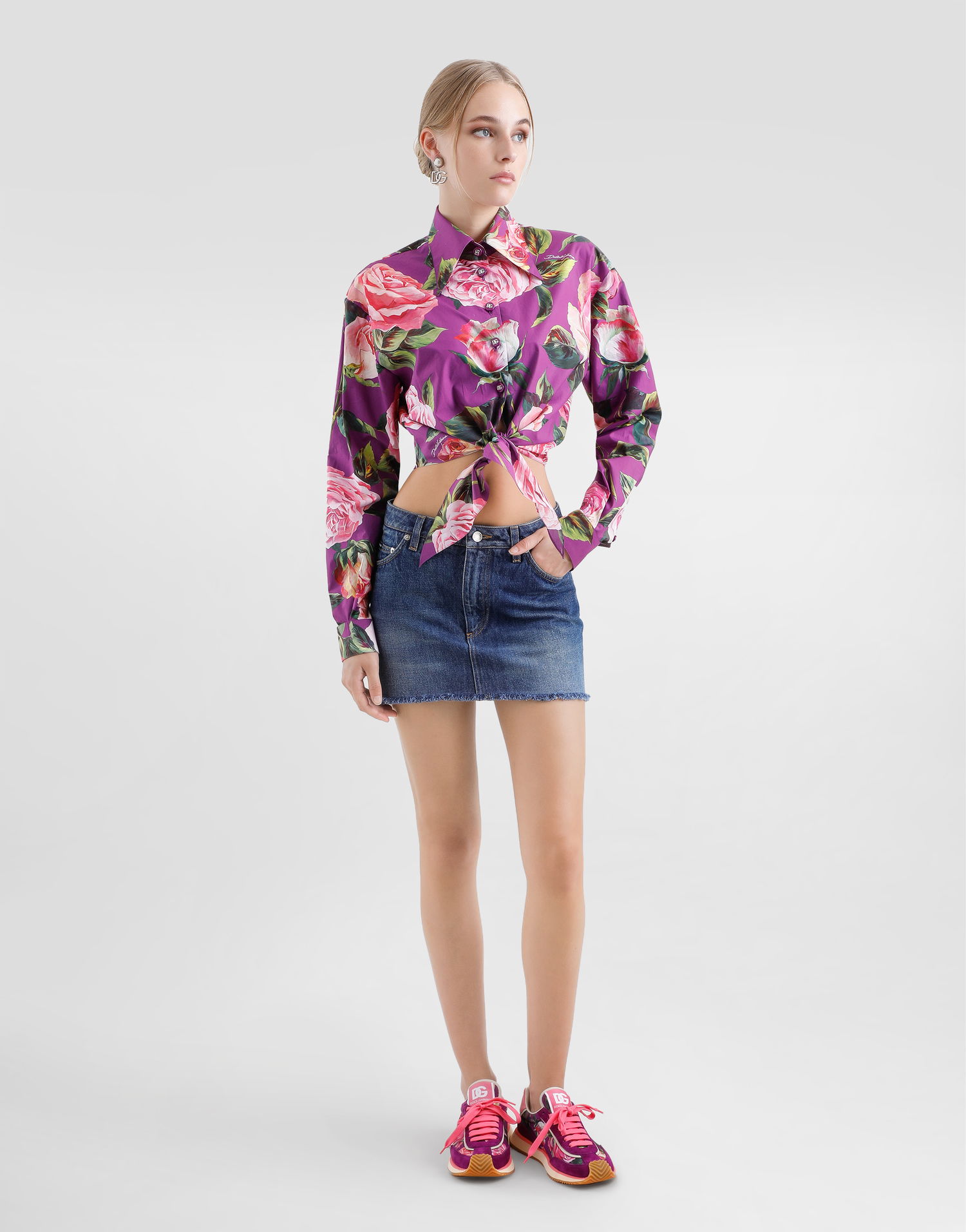 Сорочка Dolce & Gabbana Dolce & Gabbana Rose Print Tie-Front Cropped Shirt Фіолетовий | F5R73THS5TDHP5IG, 1