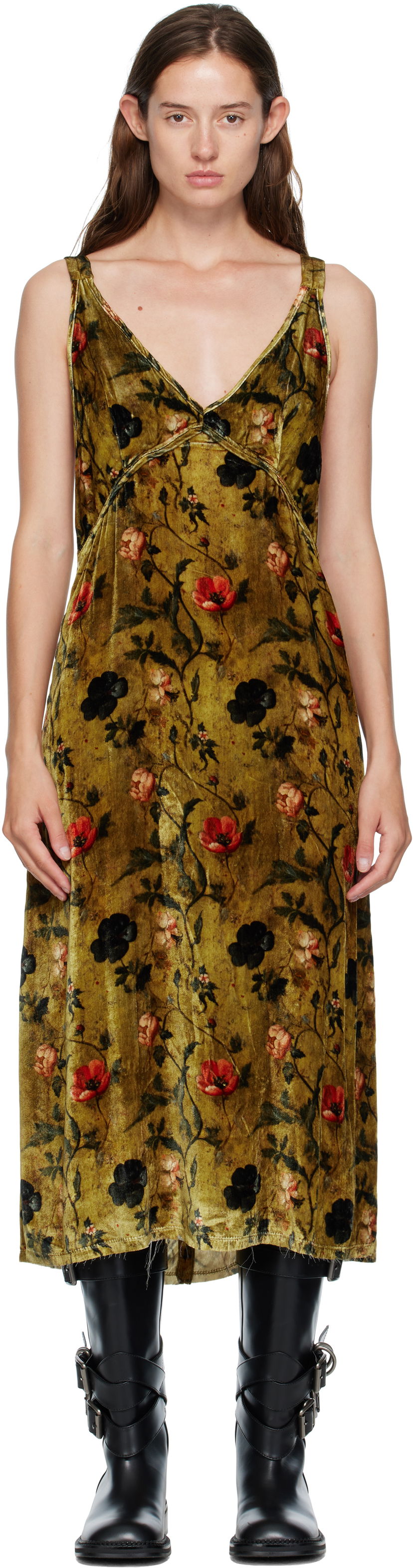 плаття R13 R13 Grunge Floral-Print Velvet Slip Midi Dress Зелений | R13WR477-R595A