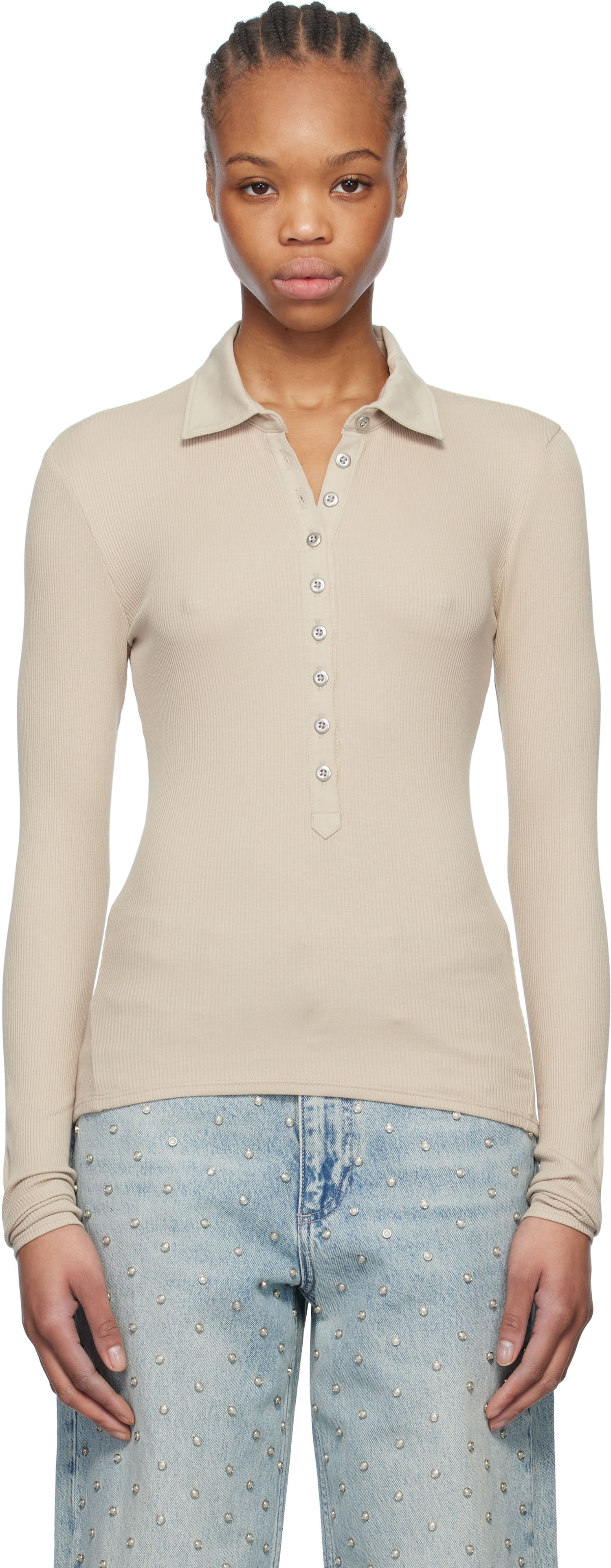 Сорочка поло rag & bone rag & bone Essential Rib Button Polo бежевий | WCC24HP021CA21, 0