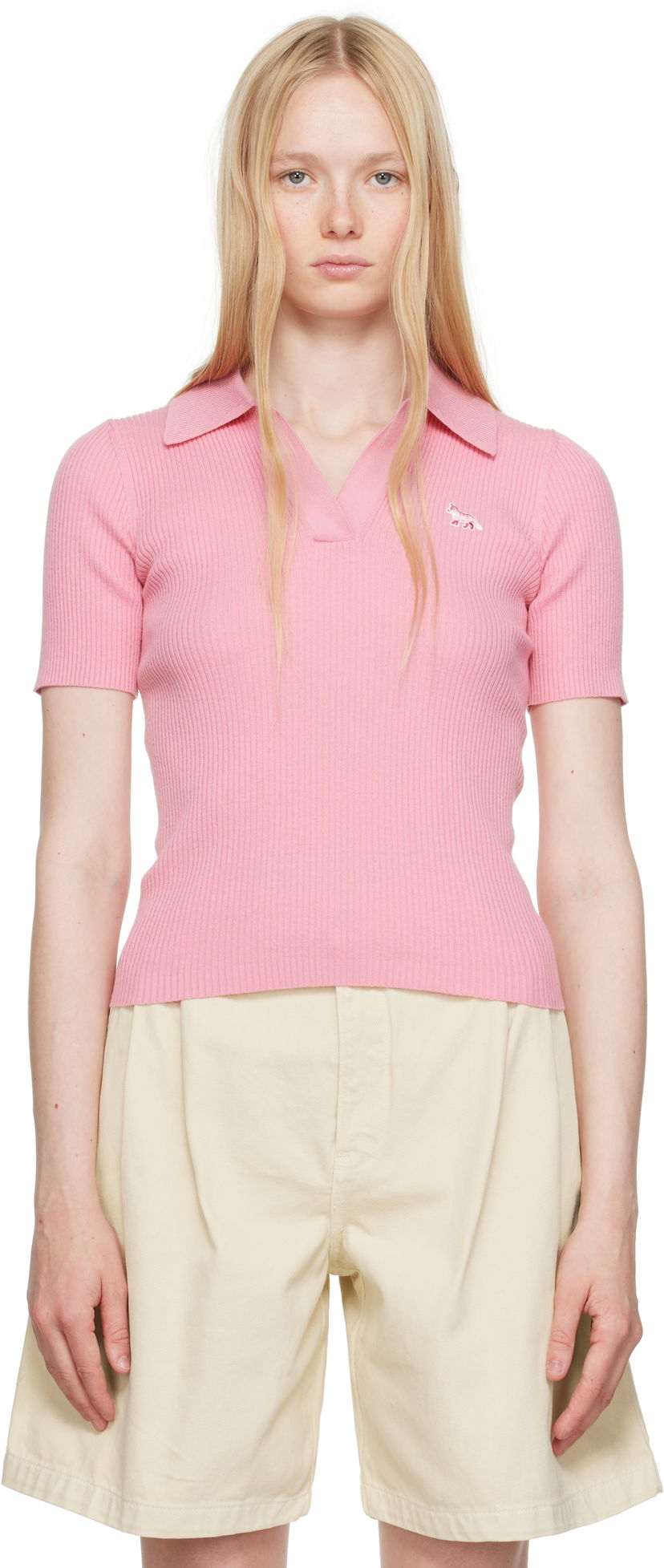 Сорочка поло MAISON KITSUNÉ Maison Kitsuné Baby Fox Patch Fine Ribbed Polo Рожевий | OW00201KT1091