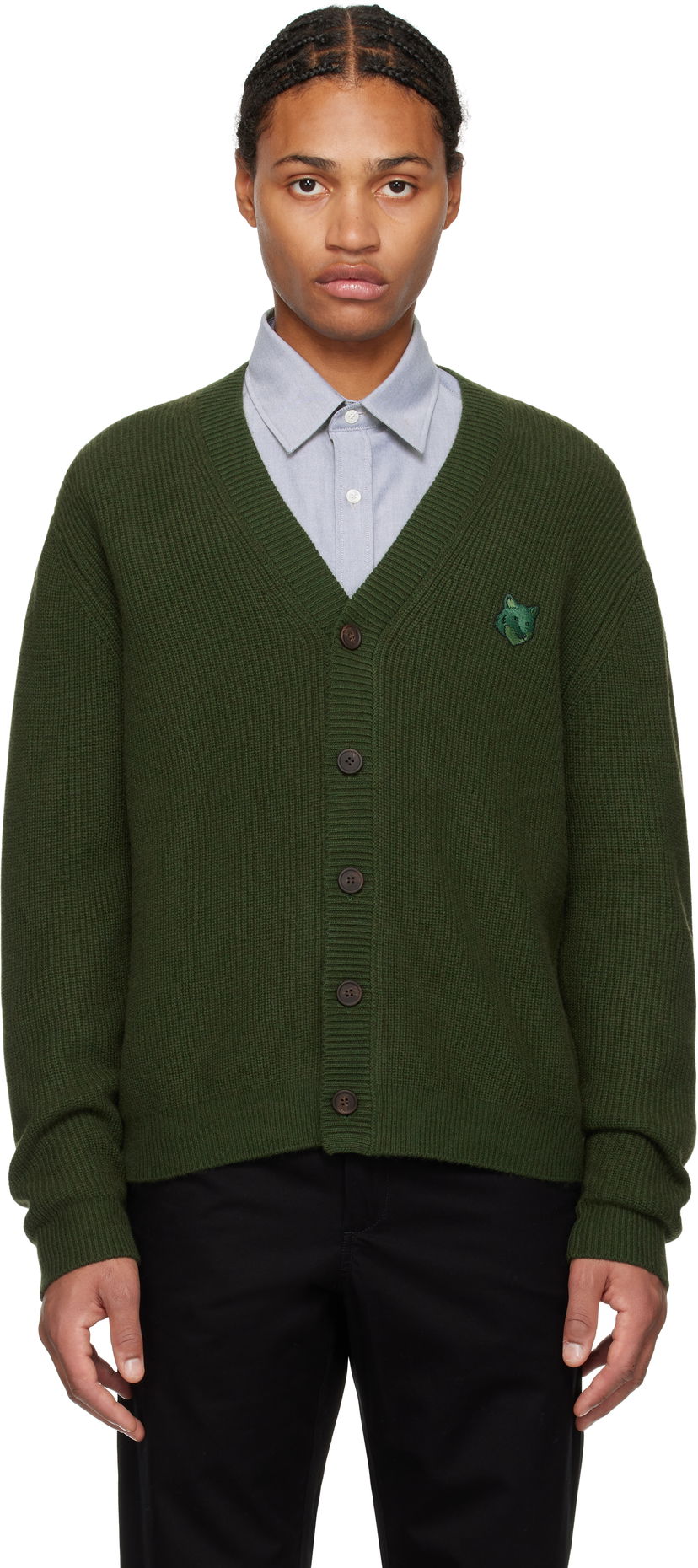 Cветр MAISON KITSUNÉ Ribbed Cardigan With Logo Patch Зелений | NM00501KT1093
