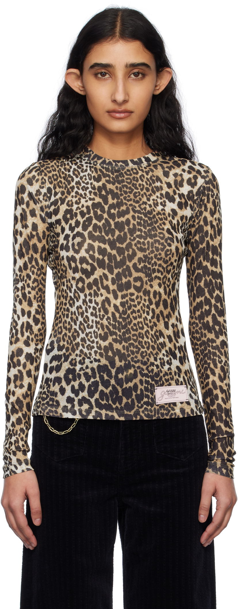 Футболка GANNI GANNI Leopard Print Long Sleeve T-Shirt бежевий | T4208