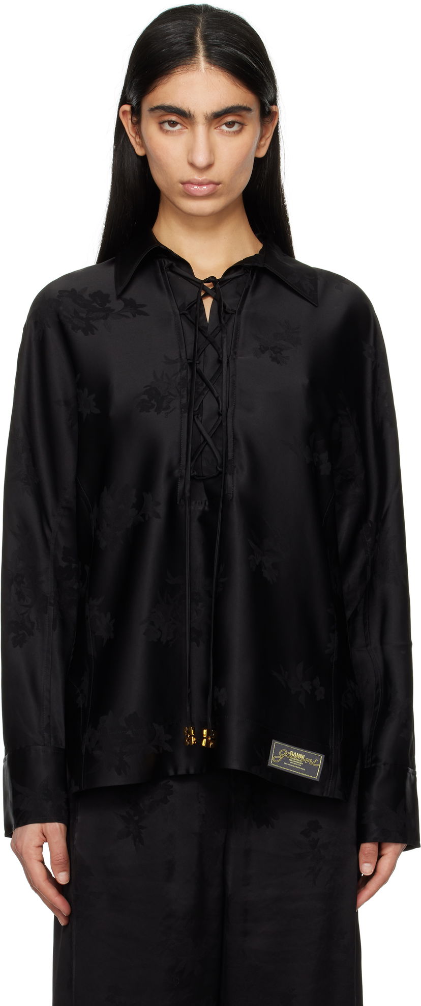 Сорочка GANNI GANNI Satin Jacquard Tie-String Shirt чорний | W0359