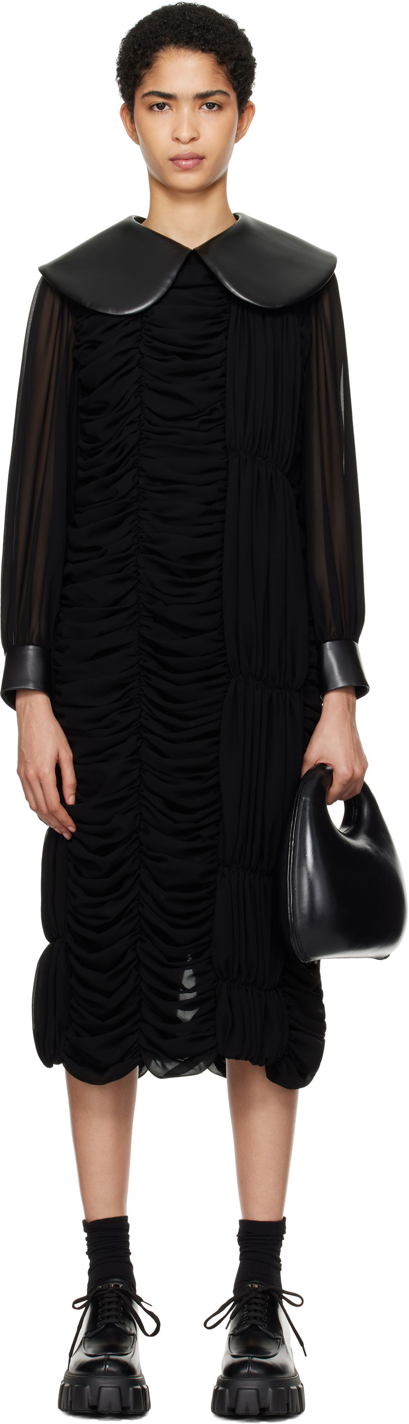 плаття Comme des Garçons Faux-Leather Collar Georgette Midi Dress чорний | GN-O008-051