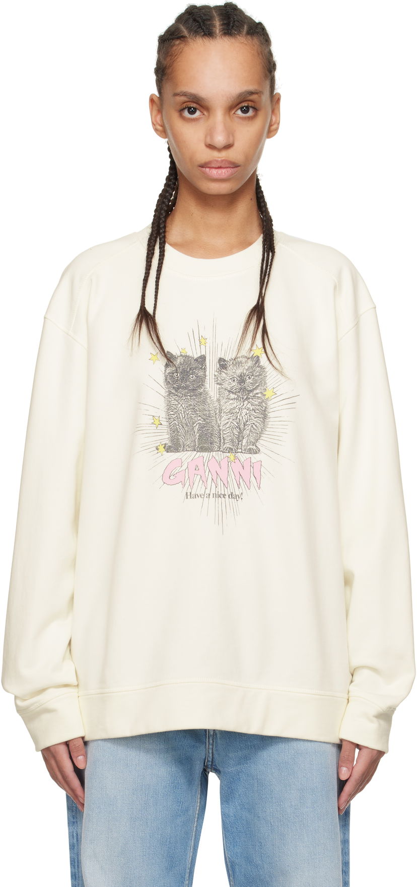 Світшоти GANNI GANNI Isoli Kittens Drop Shoulder Sweatshirt бежевий | T4163