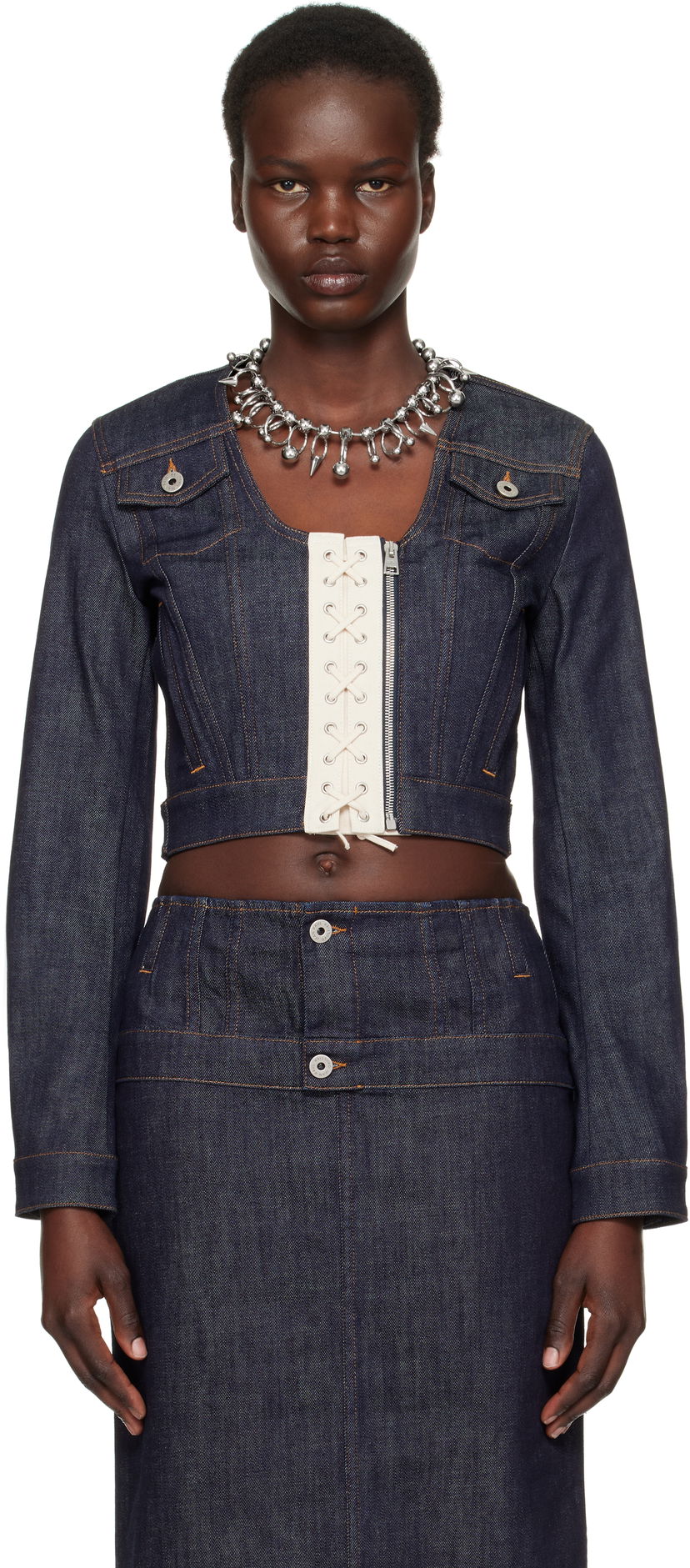 Куртка Jean Paul Gaultier Jean Paul Gaultier 'The Contrasting Lace-Up' Cropped Denim Jacket Синій | 25/33-F-VE085-D019-5568