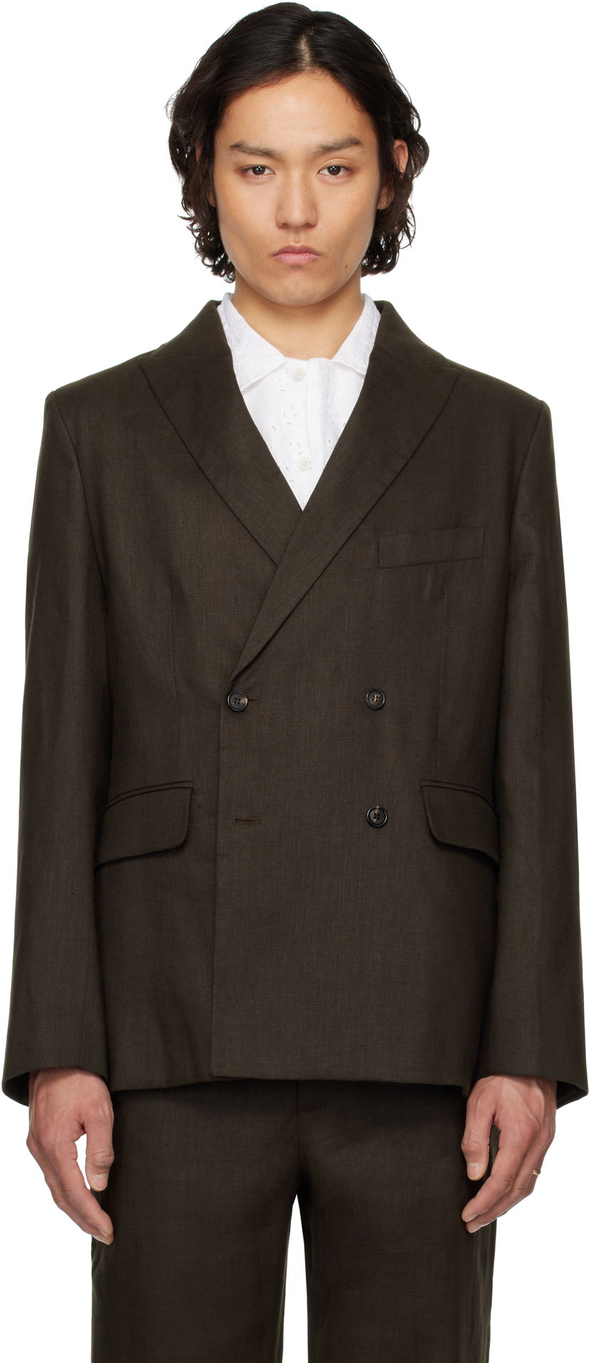 Пальто Bode Bode Linen Double-Breasted Blazer Коричневий | MRS25SJ011