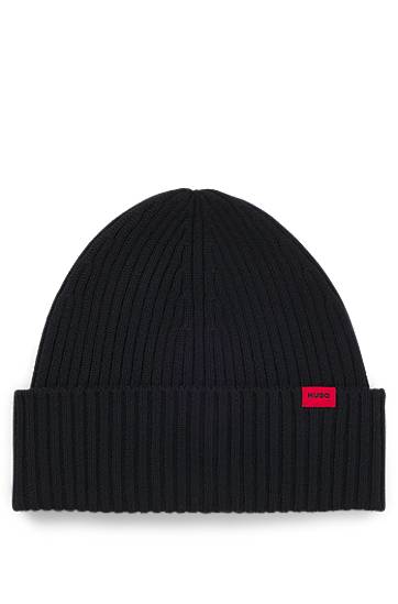 Шапка BOSS Virgin-Wool Ribbed Beanie with Logo Label чорний | 50524570, 0
