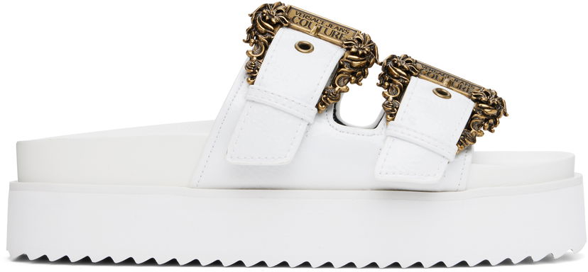 Кросівки та взуття Versace Versace Jeans Couture Baroque Buckle Arizona Flat Sandals білий | E78VA3SM1_EZS539