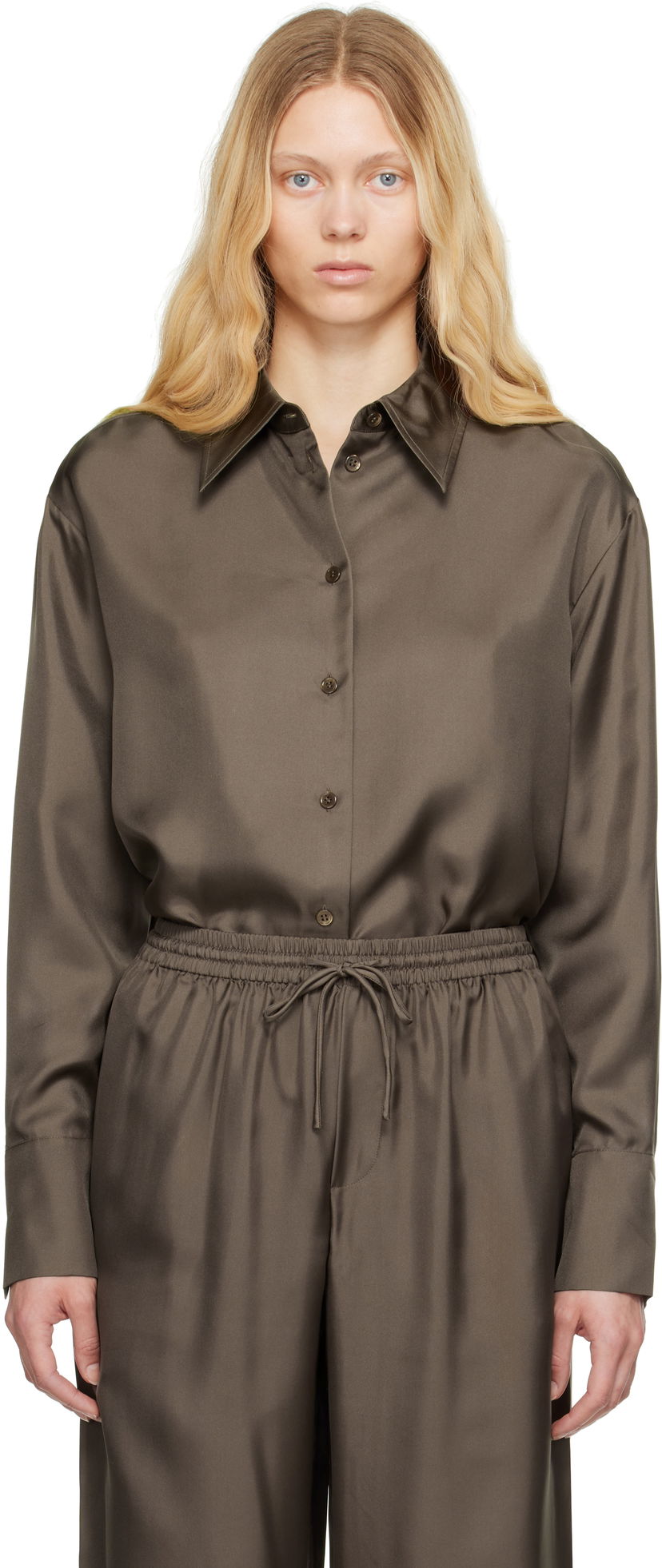 Сорочка Róhe Signature Elongated Silk Shirt Коричневий | 415-19-085