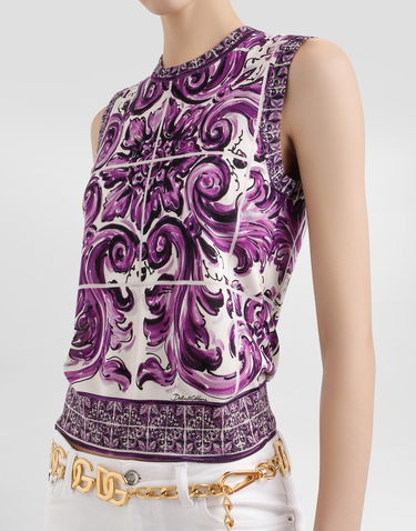 Безрукавка Dolce & Gabbana Dolce & Gabbana Majolica Print Silk Tank Top Фіолетовий | FXT01TJAHKGH25DQ, 3