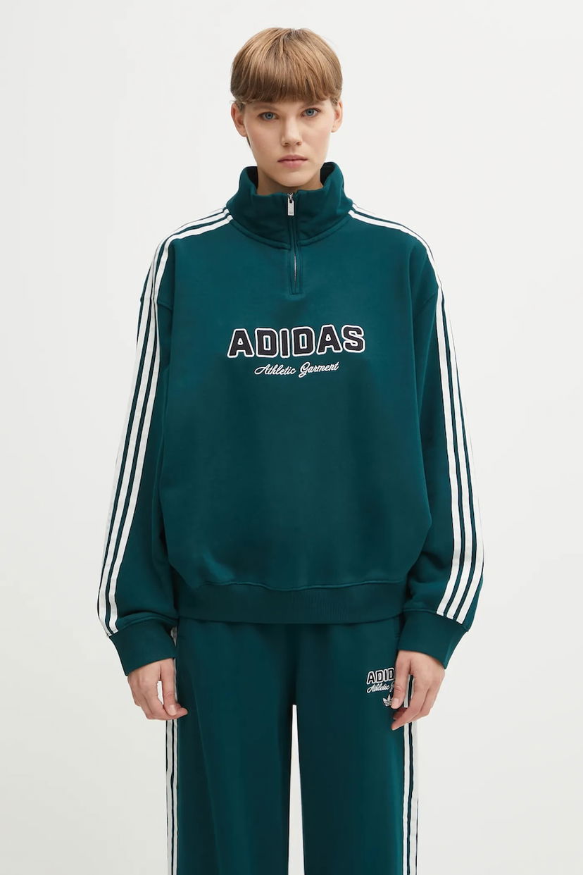 Світшоти adidas Originals Originals Quarter Zip Sweatshirt with Three Stripes and Printed Logo Зелений | KF2309