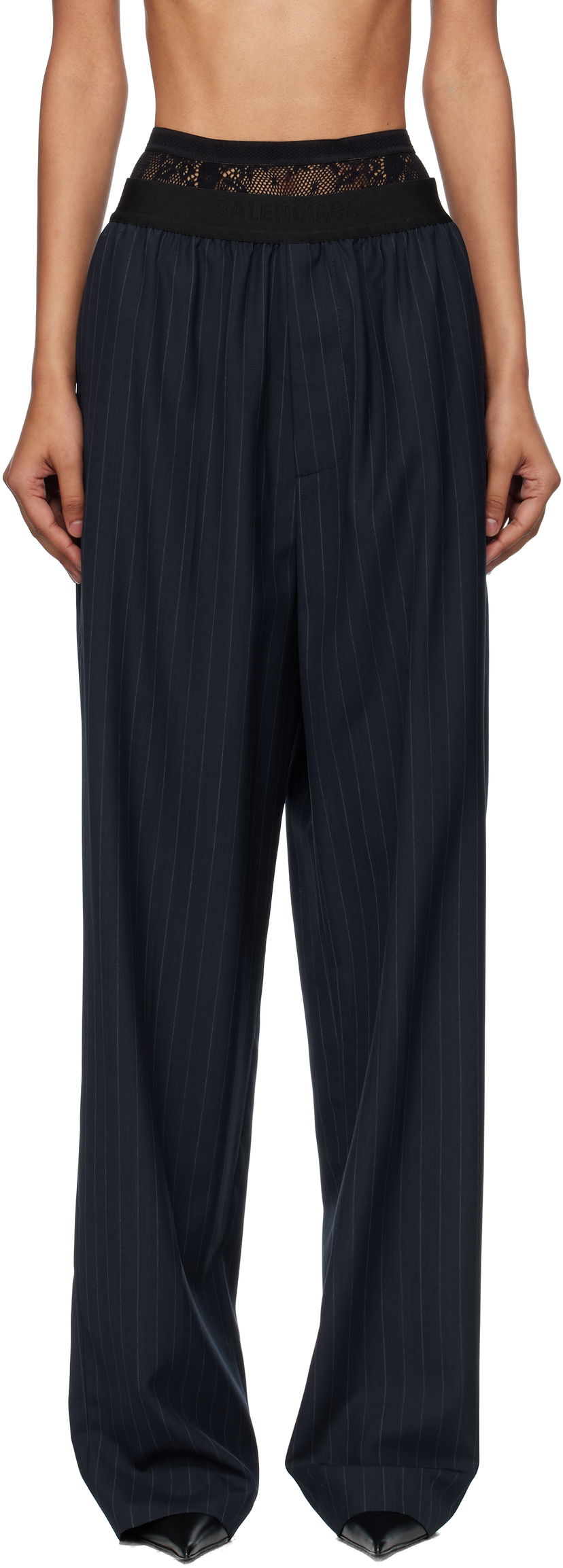 Штани Balenciaga Balenciaga Pinstripe Elastic Trousers темно-синій | 790887TST24