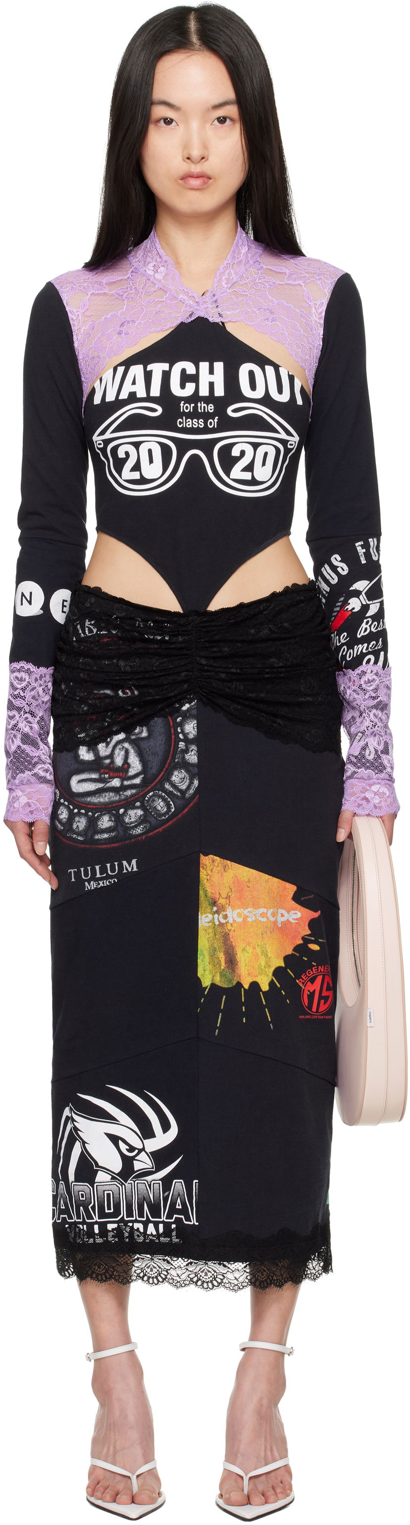 плаття Marine Serre Marine Serre Regenerated T-Shirt & Lace Midi Dress чорний | WDR354A UJER0003
