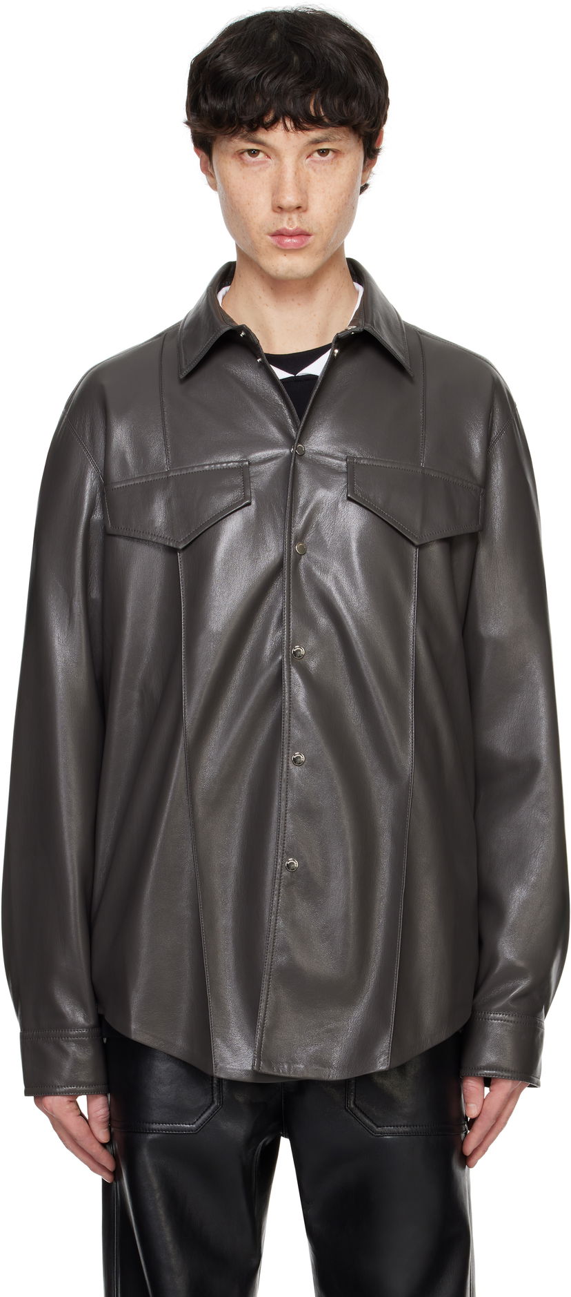 Сорочка Nanushka Nanushka Olavi Vegan Leather Button-Up Shirt Сірий | NM24FWSH04569
